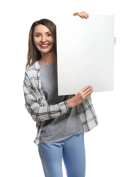 Portrait of beautiful woman with blank poster on white background — Stock Photo, Image
