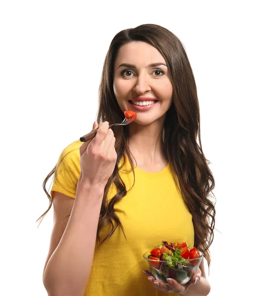 Woman with fresh salad on white background — Stock Photo, Image