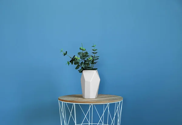 Τραπέζι με φυτό εσωτερικού χώρου κοντά σε έγχρωμο τοίχο — Φωτογραφία Αρχείου