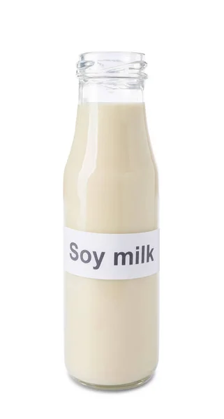 Бутылка здорового соевого молока на белом фоне — стоковое фото