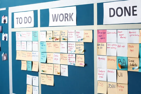 Gedränge Task Board mit Aufklebern an der Wand im Büro — Stockfoto
