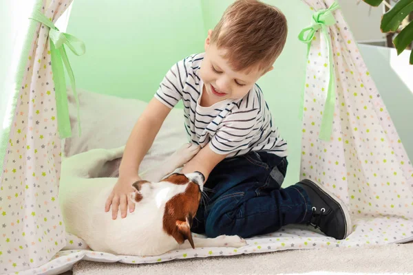 Bonito menino brincando com o cachorro engraçado em casa — Fotografia de Stock