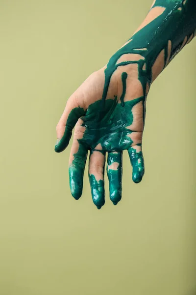 Painted hand on color background — Stock Photo, Image