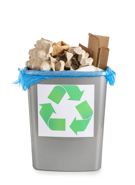 Trash bin with paper garbage on white background — Stock Photo, Image