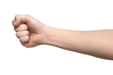 Beyaz arka planda sıkılmış erkek yumruğu