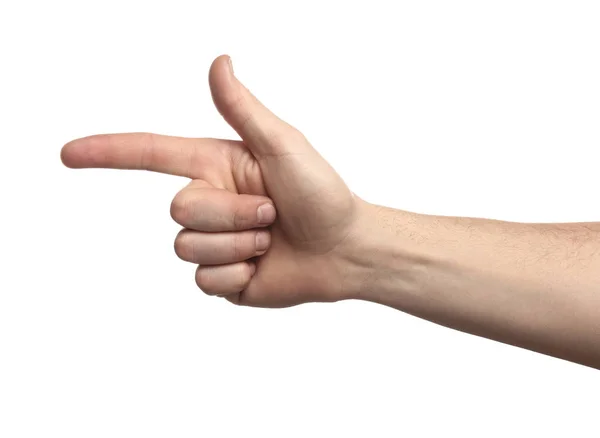 Male hand pointing at something on white background — Stock Photo, Image