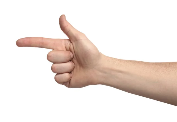 Male hand pointing at something on white background Royalty Free Stock Photos