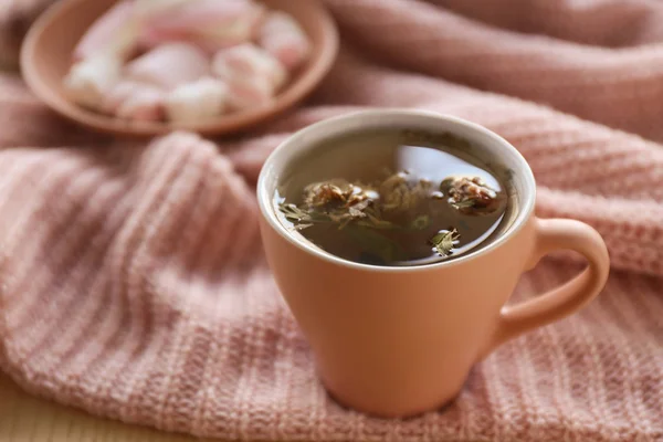 Cup of hot tea on plaid — Stock Photo, Image