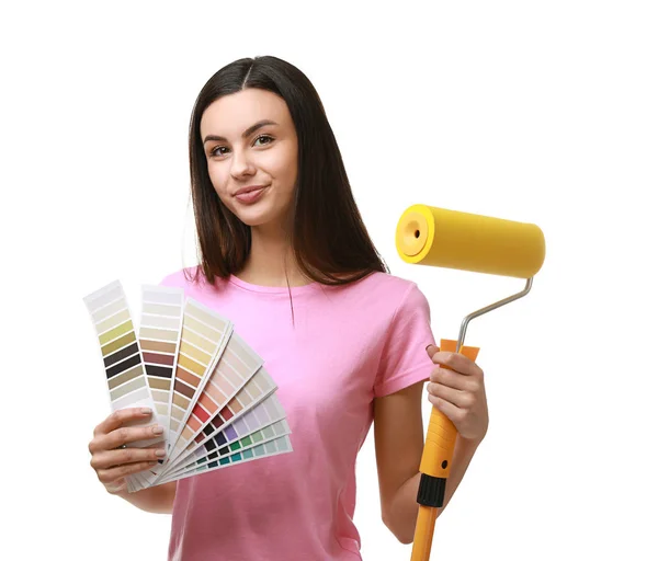 Female decorator on white background — Stock Photo, Image