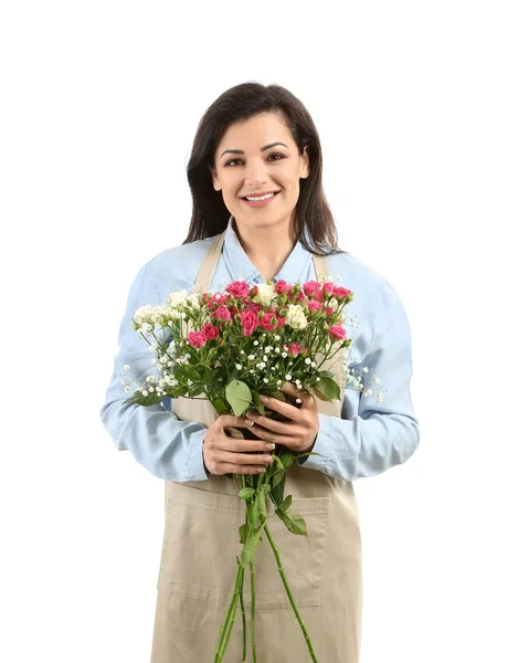 Beautiful female florist with bouquet of flowers on white background — Stock Photo, Image
