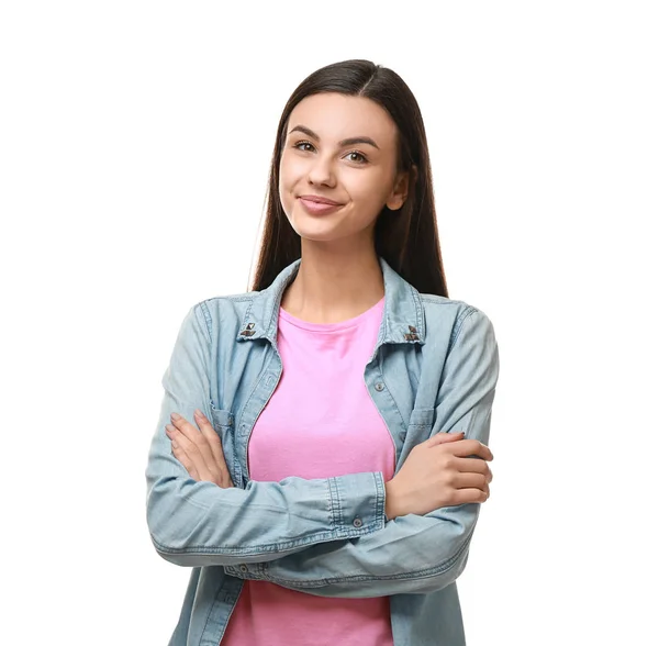 Retrato de una hermosa joven sobre fondo blanco —  Fotos de Stock