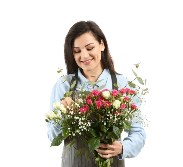 Hermosa florista femenina con ramo de flores sobre fondo blanco —  Fotos de Stock