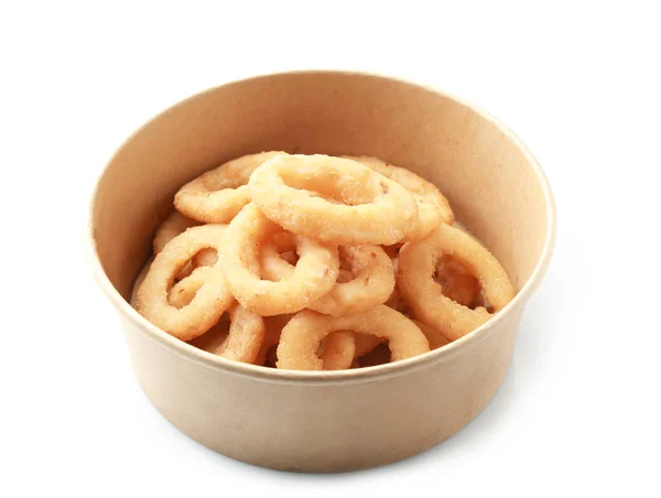 Cardboard bowl with tasty onion rings on white background — Stock Photo, Image