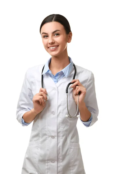 Žena lékař na bílém pozadí — Stock fotografie
