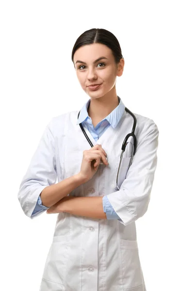 Female doctor on white background — Stock Photo, Image