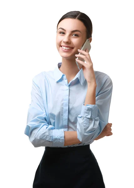 Retrato de bela mulher de negócios falando por telefone no fundo branco — Fotografia de Stock