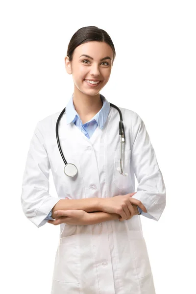 Medico femminile su sfondo bianco Immagine Stock