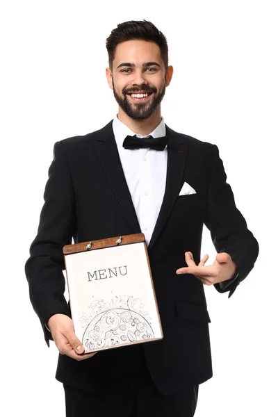 Ober met menu op witte achtergrond — Stockfoto