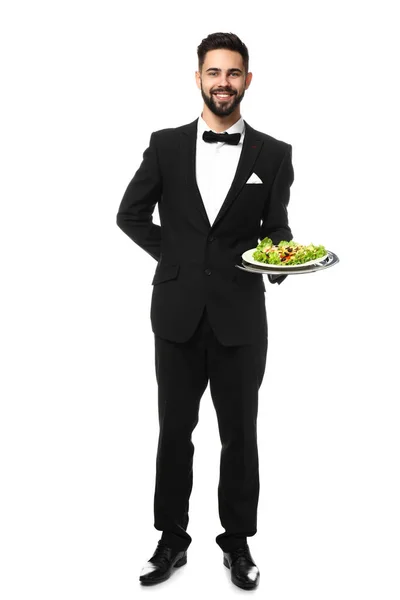 Cameriere con insalata su sfondo bianco — Foto Stock