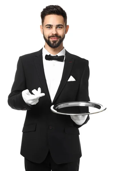 Waiter with empty tray on white background — Stock Photo, Image