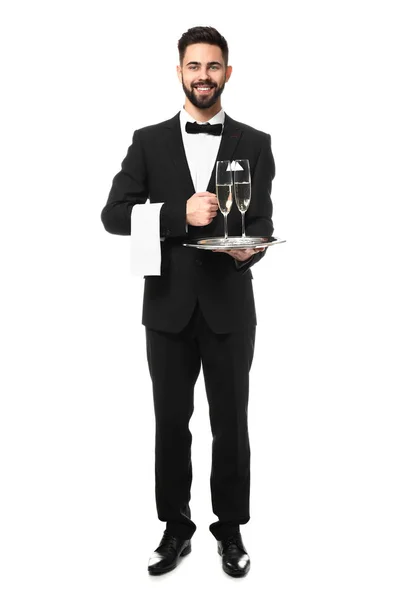 Waiter with glasses of champagne on white background — Stock Photo, Image