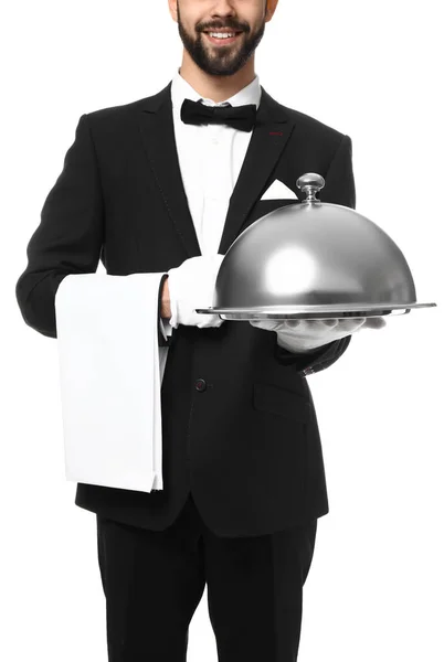 Cameriere con vassoio e cloche su sfondo bianco — Foto Stock