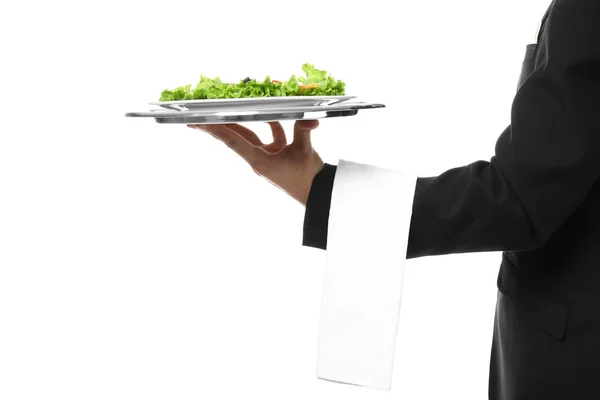Serveur avec salade sur fond blanc — Photo