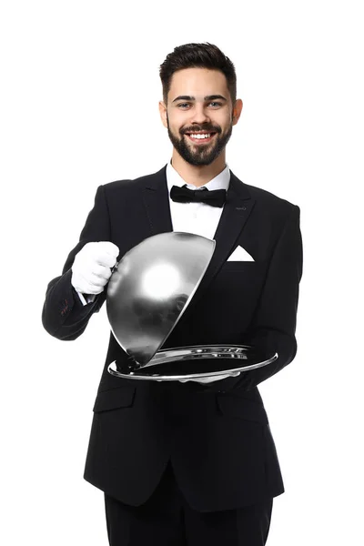 Waiter with tray and cloche on white background — Stock Photo, Image