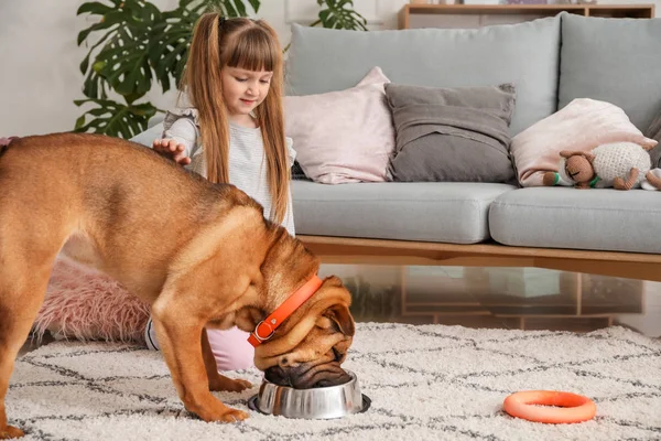 Sevimli küçük kız komik köpek evde besleme — Stok fotoğraf