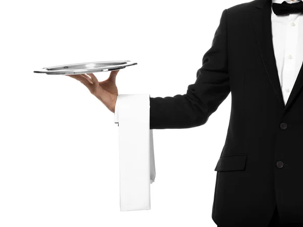 Waiter with empty tray on white background — Stock Photo, Image