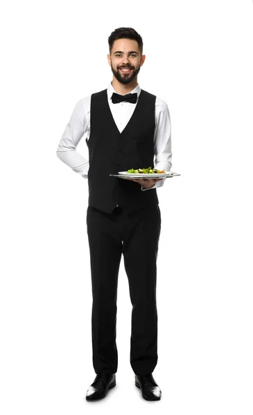 Kellner mit frischem Salat auf weißem Hintergrund — Stockfoto