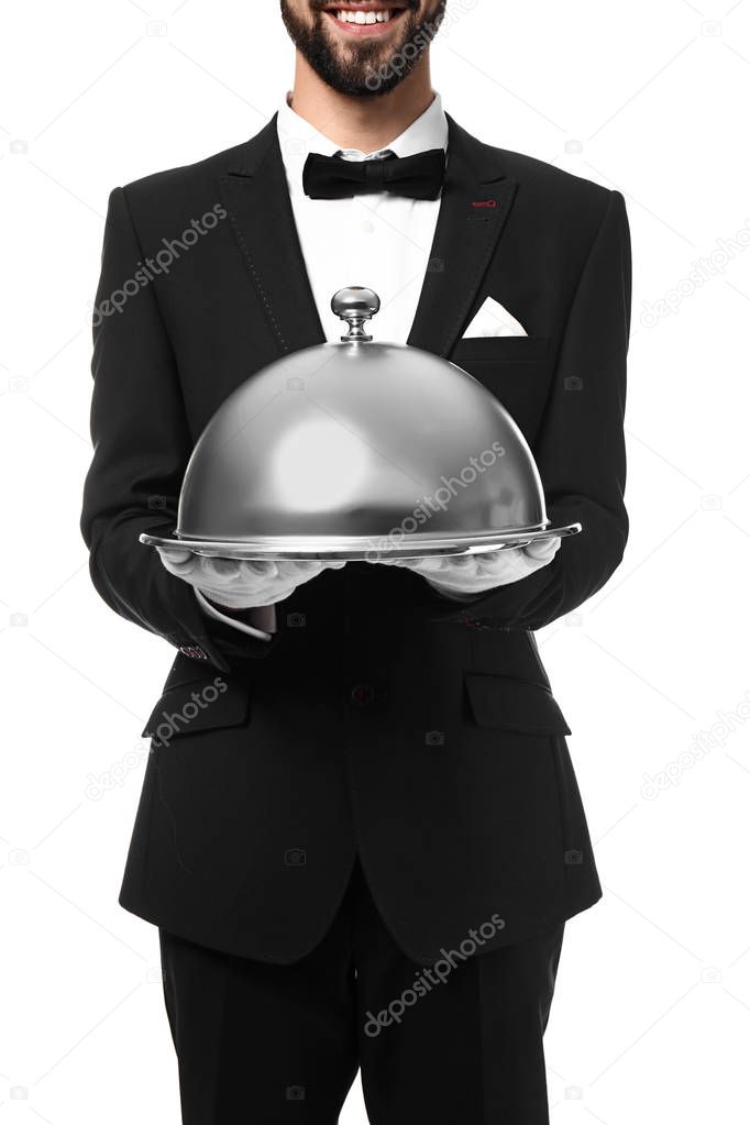 Waiter with tray and cloche on white background