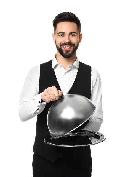 Kellner mit Tablett und Cloche auf weißem Hintergrund — Stockfoto