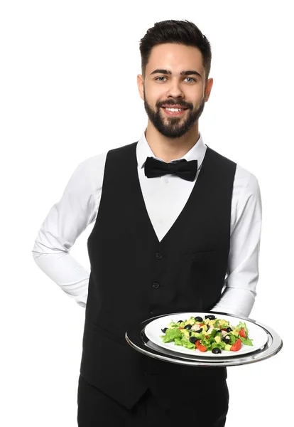 Waiter with fresh salad on white background — Stock Photo, Image