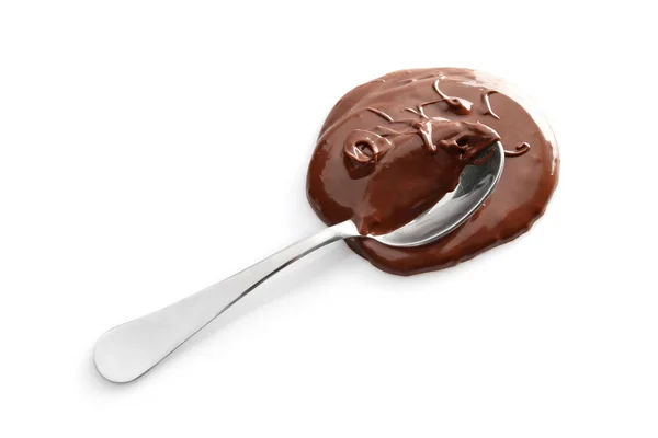 Colher com chocolate derretido no fundo branco — Fotografia de Stock