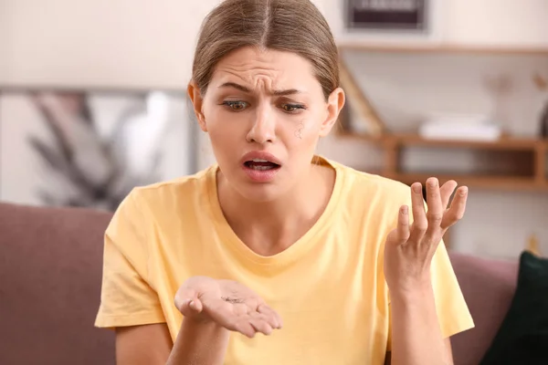 Stressed woman with eyelash loss problem at home — Stock Photo, Image