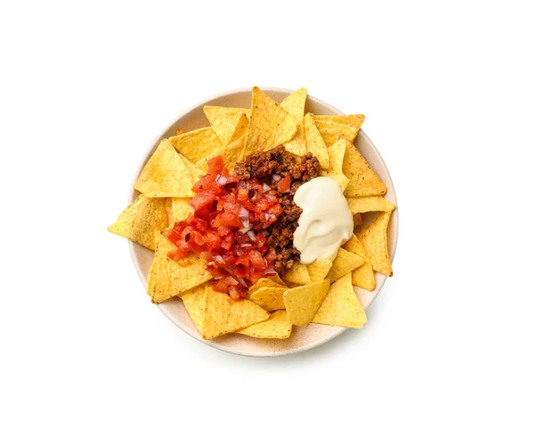 Plate with tasty nachos, minced meat and salsa on white background — Stock Photo, Image