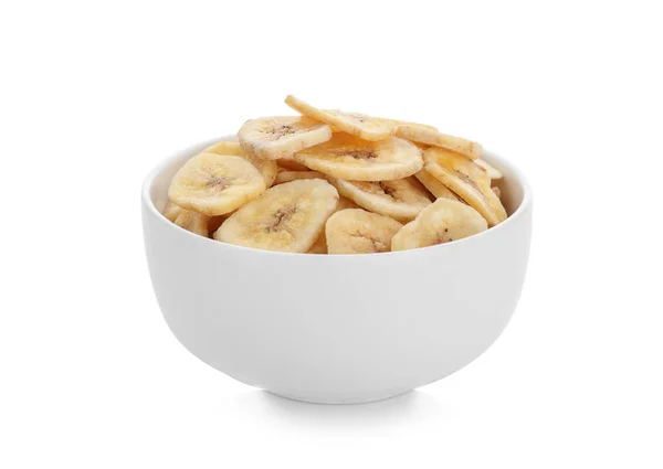 Bowl with tasty dried banana on white background — Stock Photo, Image