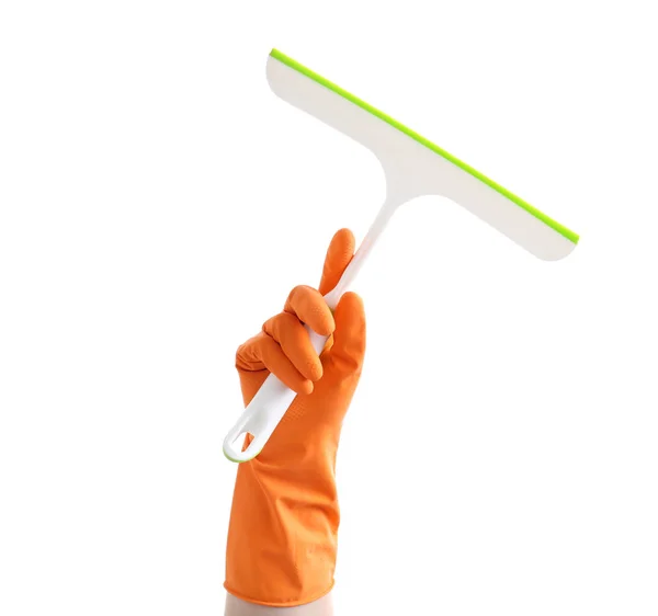 Female hand with squeegee on white background — Stock Photo, Image