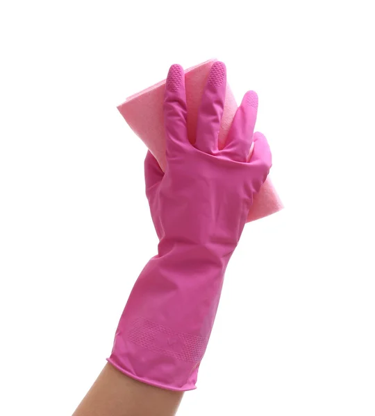 Female hand with napkin on white background — Stock Photo, Image