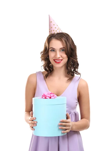 Beautiful young woman with Birthday gift on white background — Stock Photo, Image