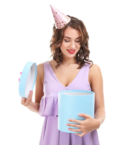Beautiful young woman with Birthday gift on white background — Stock Photo, Image
