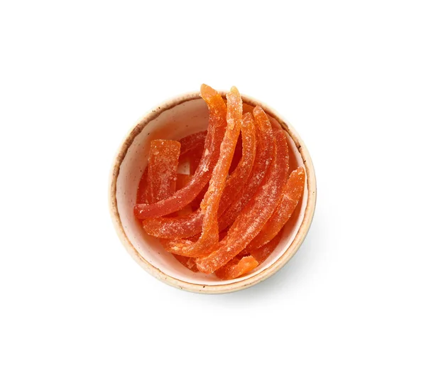 Tasty candied orange peels on white background — Stock Photo, Image