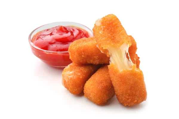 Tasty mozzarella sticks with sauce on white background — Stock Photo, Image