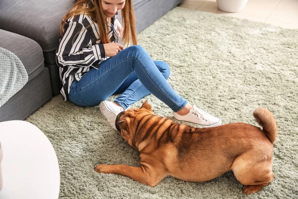 Lindo perro divertido con dueño en casa — Foto de Stock