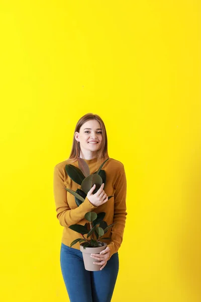 Retrato de mulher bonita com planta tropical verde sobre fundo de cor — Fotografia de Stock