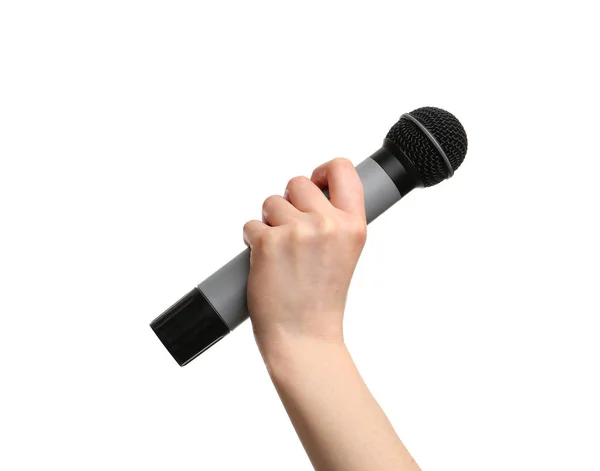 Female hand with microphone on white background — Stock Photo, Image