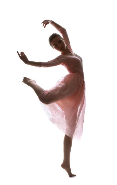 Silhueta de bela bailarina jovem no fundo branco — Fotografia de Stock