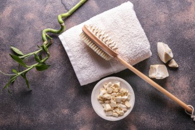 Havlu ve sabun gri arka plan üzerine fırçayla Masaj