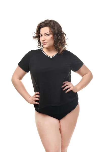 Συν μέγεθος γυναίκα σε άσπρο φόντο. Έννοια του σώματος θετικά — Φωτογραφία Αρχείου
